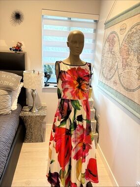 Floral Sleeveless White Maxi Dress with Bold Pink & Red Blooms